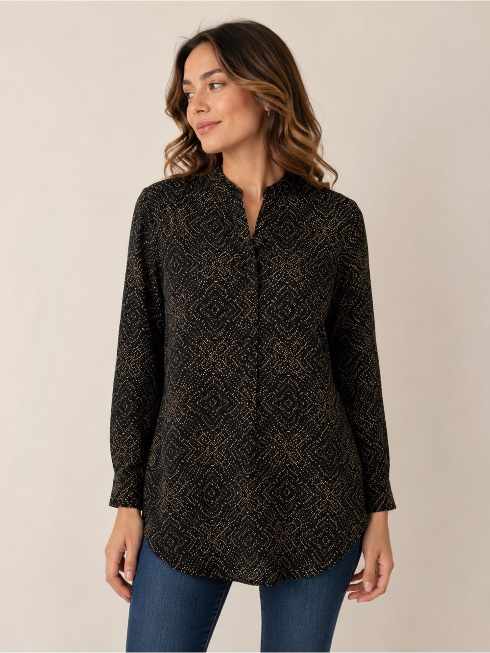 Lauren Ralph Lauren Black Tan Starburst Print Button Front Tunic Blouse Small